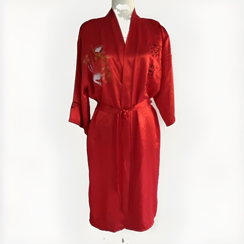 Vintage Red Silk Kimono Robe Dressing Gown Embroidered Cranes Belt Loungewear OS